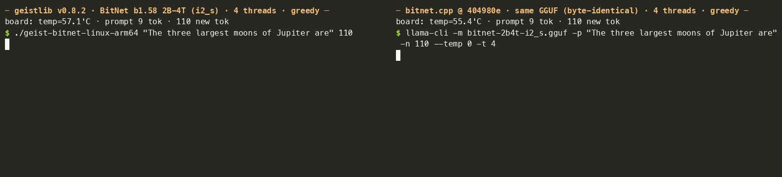 Side by side on the same Pi 5: geist finishes 110 tokens in 7.1 s, bitnet.cpp needs 11.7 s
